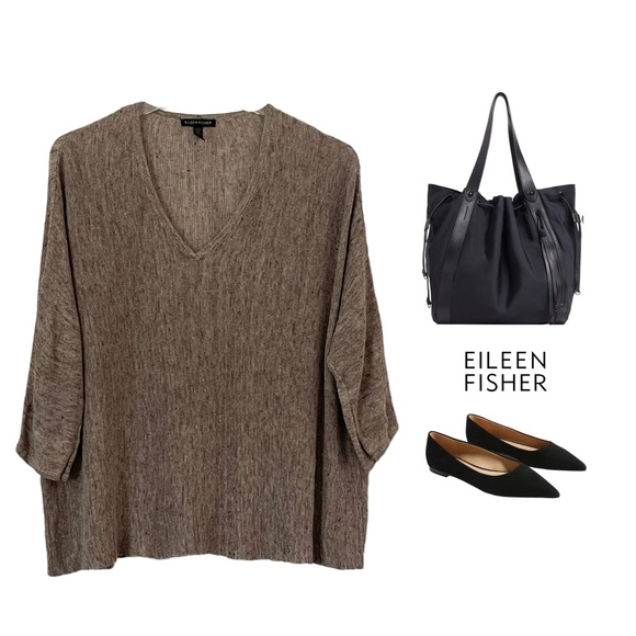 EILEEN FISHER LINEN V-NECK PULLOVER GREIGE BOXY 3/4 SLEEVE SWEATER SZ S
